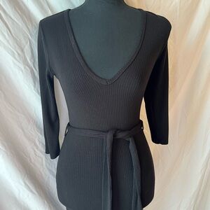 Black Ribbed V-Neck Dress with Belt